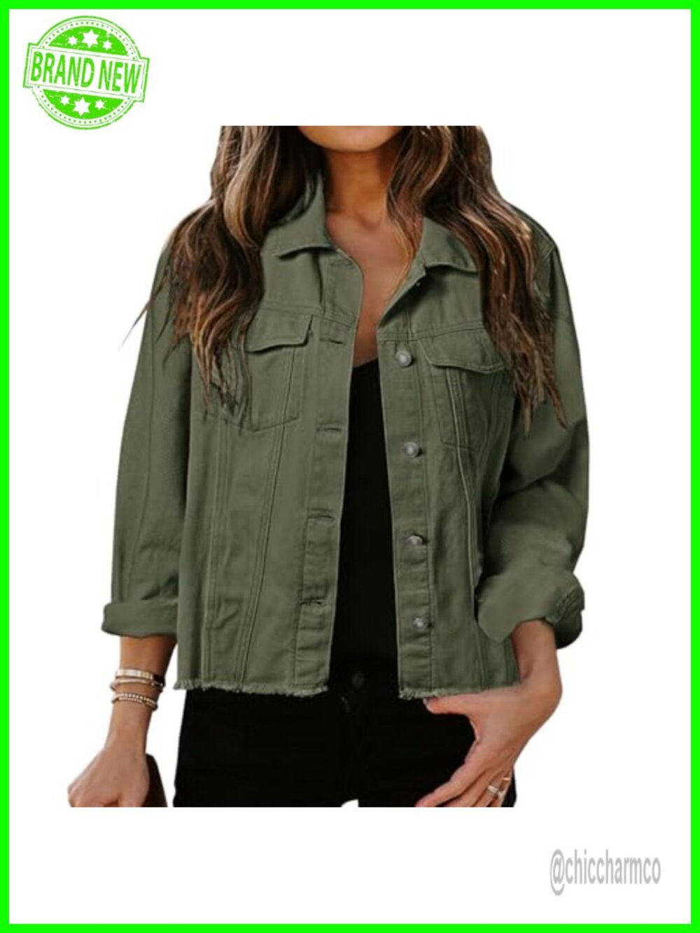 Women's Frayed Washed Button Up Cropped Denim Jean Jacket